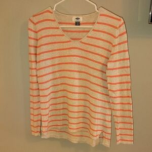Old Navy Cream and Orange Striped V-Neck Top